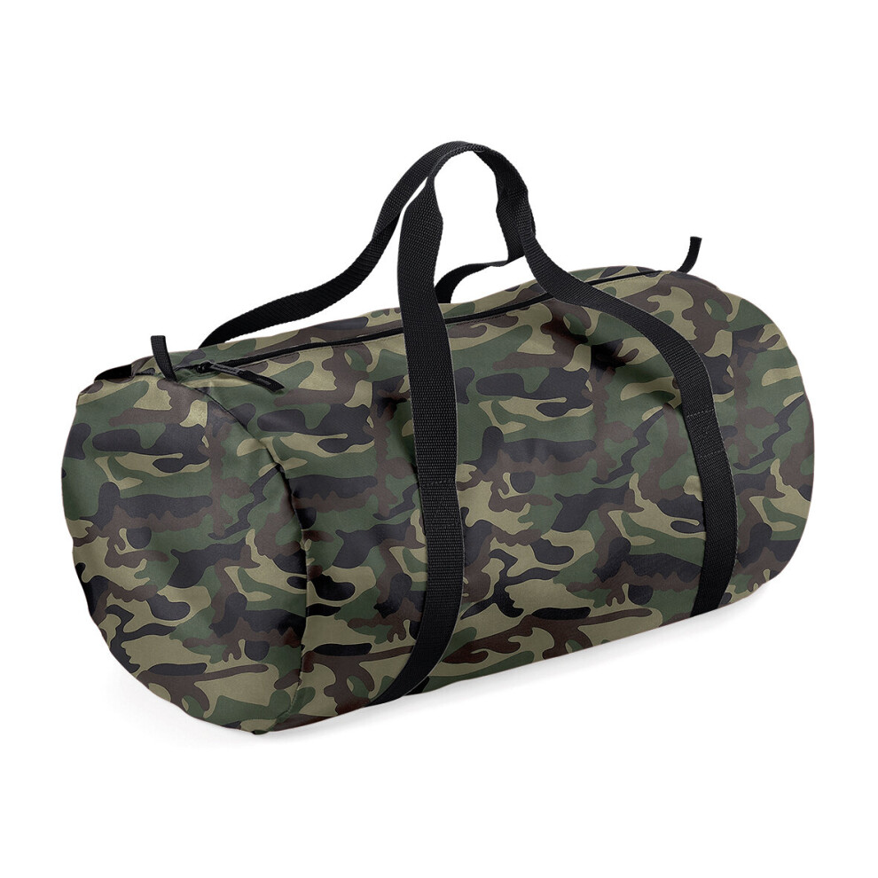 (Jungle Camo/Black) BagBase Plain Packaway Lightweight Travel Luggage Sports School Gym Barrel Bag