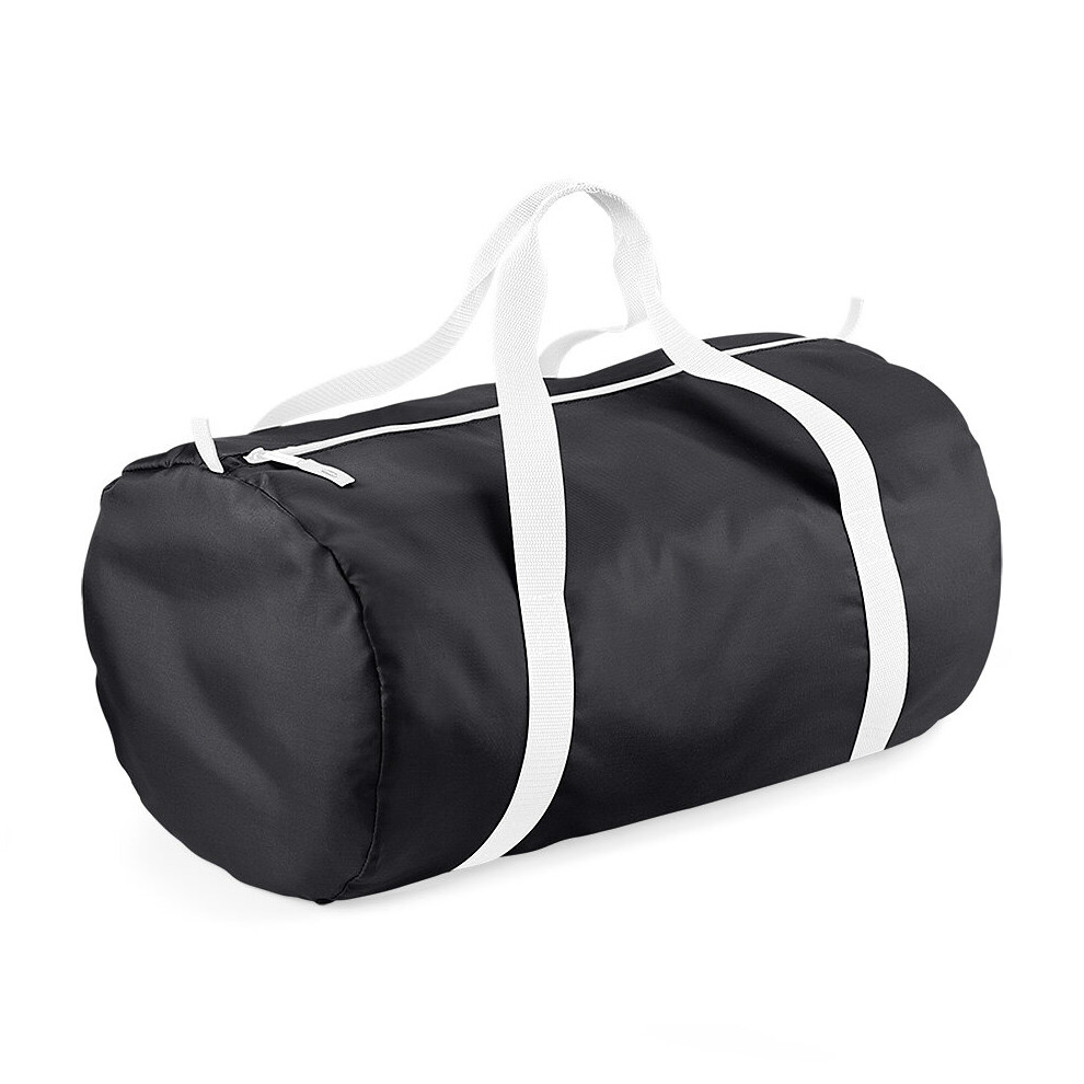 Bagbase (Black/White) Plain Packaway Lightweight Travel Luggage Sports School Gym Barrel Bag Black