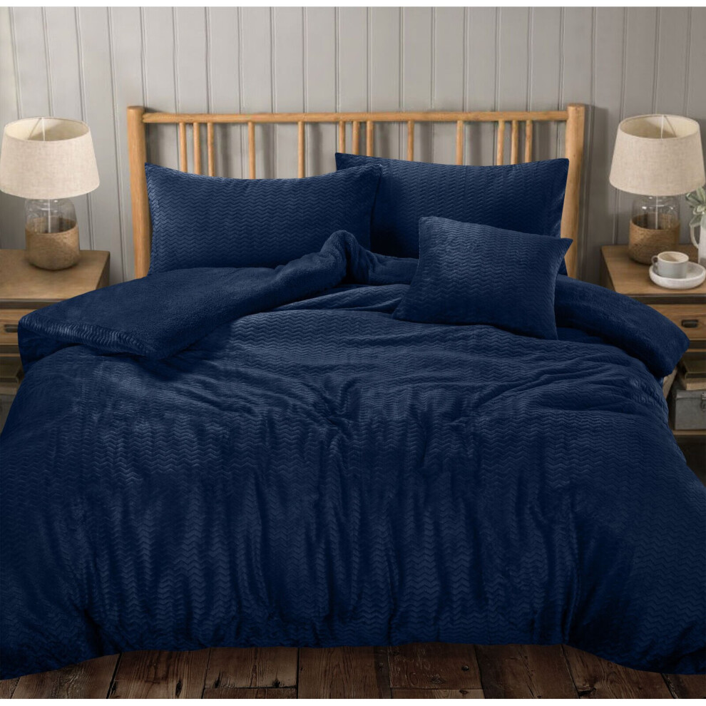 (Navy, Single) Teddy Bear Fleece Wave Duvet Cover Set Warm Cosy