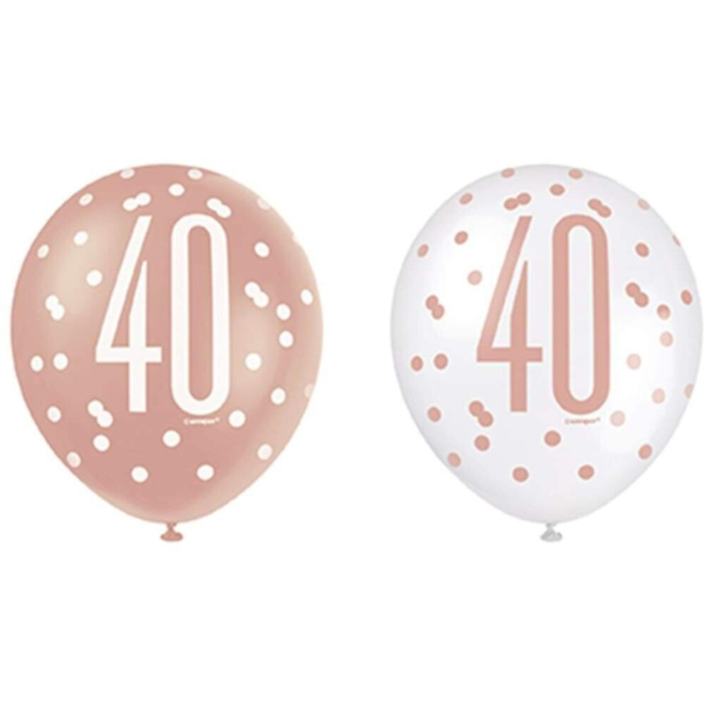 6 Rose Gold & White Glitz 12" Latex Balloons - Age 40/40th Birthday