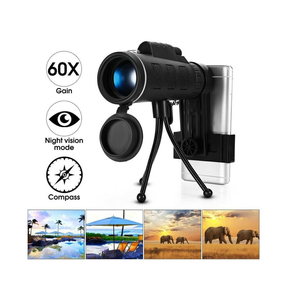 40X60 Hd Zoom Tripod Monocular Telescope Day/Night Vision Camping Phone Clip On 683546283672