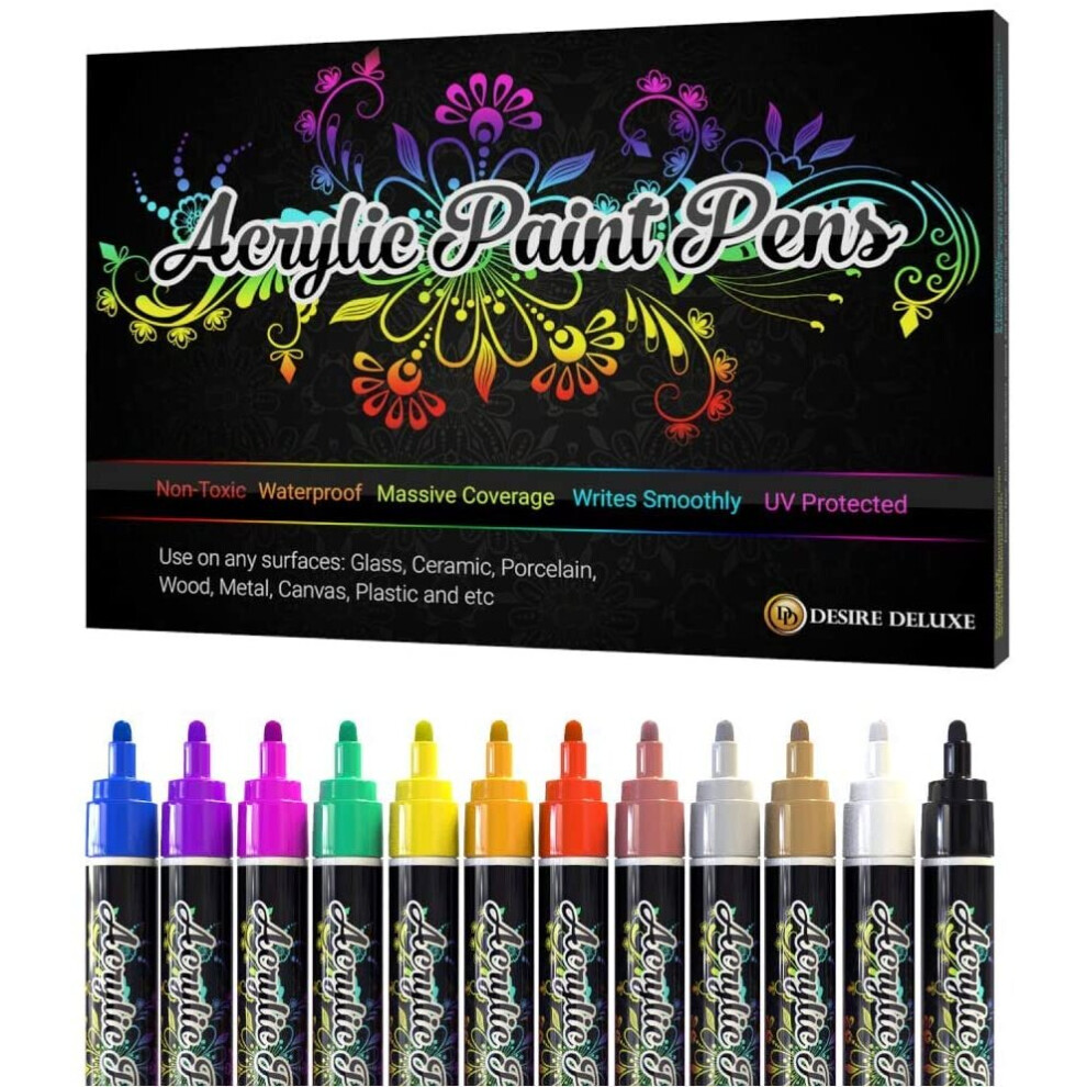 You Me Desire Deluxe Acrylic Paint Pens - Non Toxic Water Based Rock Painting Waterproof Kit Markers For Stone