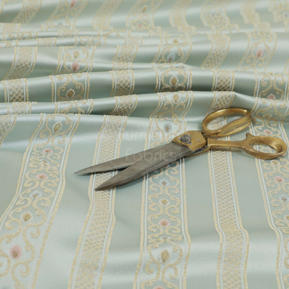 New Quality Regency Striped Pattern Ivory Teal Upholstery Furniture Fabric - Sold By The 1 Metre Length Fabric Sold By Metre