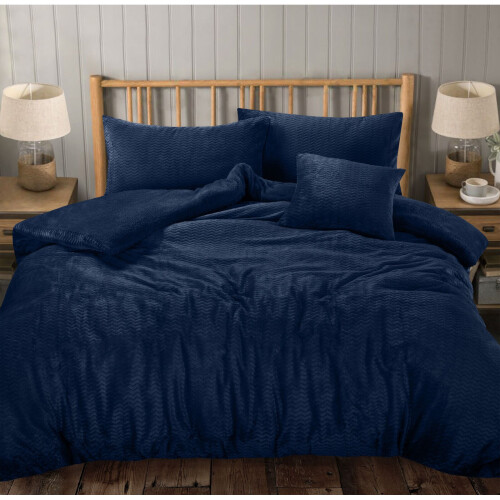 (Navy, King) Teddy Bear Fleece Wave Duvet Cover Set Warm Cosy