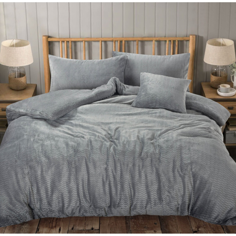 (Silver , King) Teddy Bear Fleece Wave Duvet Cover Set Warm Cosy