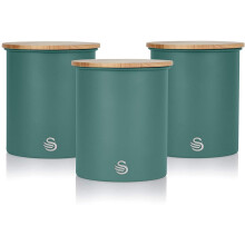 Nordic Scandi Storage Tea Coffee Sugar Canisters Pine Green Steel Bamboo Lid