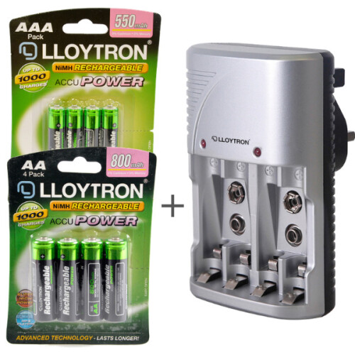 Lloytron Mains Battery Charger + 4x AA + 4x AAA Rechargeable Batteries