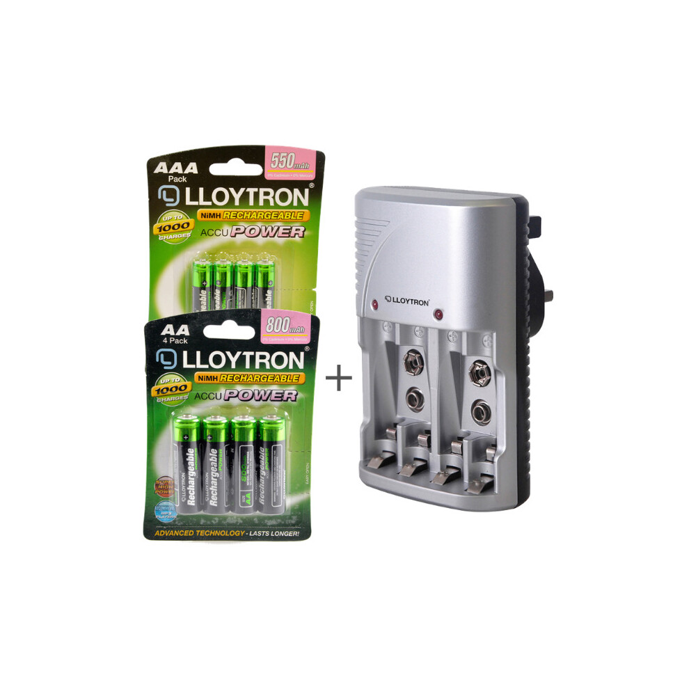 Lloytron Mains Battery Charger + 4x AA + 4x AAA Rechargeable Batteries