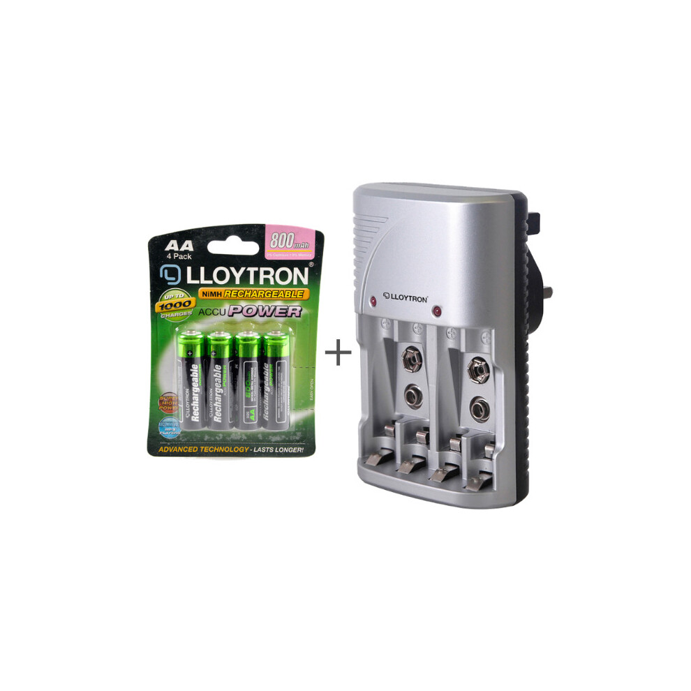 Lloytron Mains Battery Charger + 4x AA Rechargeable Batteries 800mAh