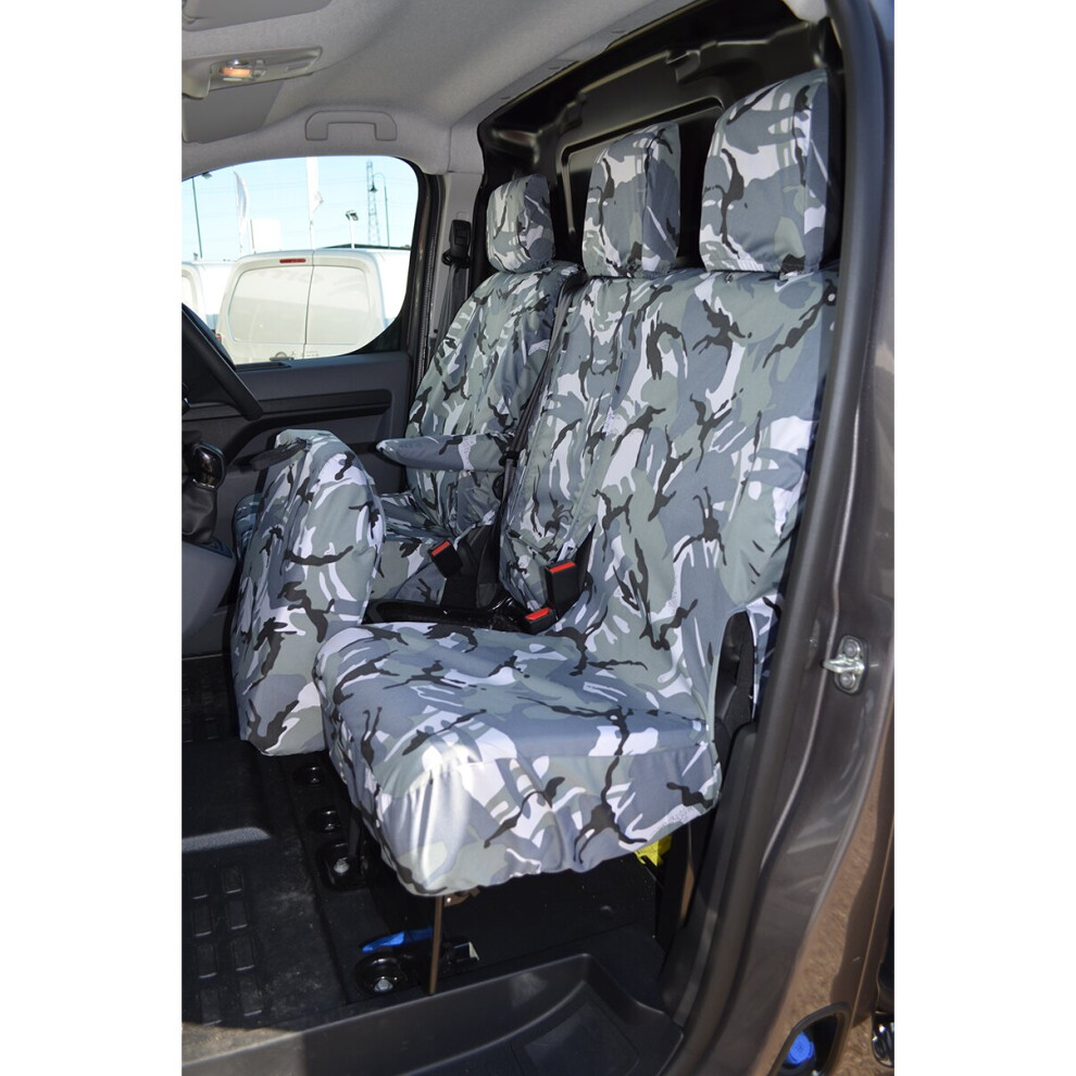 (Front 3 (With Worktray), Camouflage) Turtle Covers Vauxhall Vivaro 2019+ Seat Covers Grey 5057605033617
