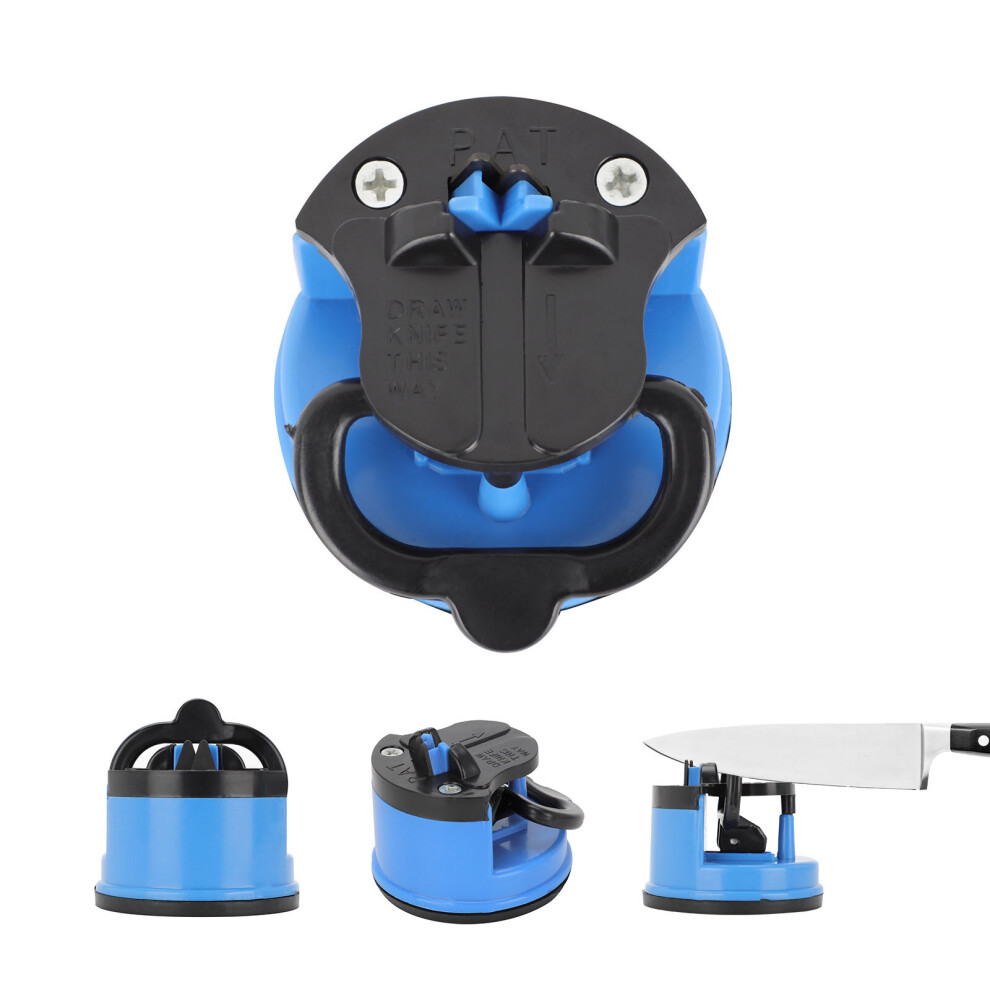 Diamond Knife Sharpener With Suction Pad - Safe One-Handed Pull-Through Sharpening For Knives, Serrated & Scissors (Blue) Blue