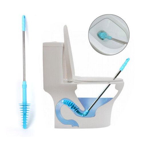 Long-Handle Toilet Unblocker Plunger - Flexible, Non-Toxic ABS/TPR + Stainless Steel, Safe, Reusable, 72 cm, Includes Wall Hook (Blue)