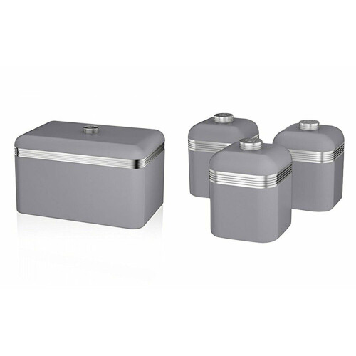 Swan Kitchen Appliance Retro GREY Bread Bin & 3 Canisters Storage Containers Set