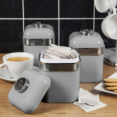 Swan Swan Kitchen Appliance Retro GREY Bread Bin & 3 Canisters Storage Containers Set 2