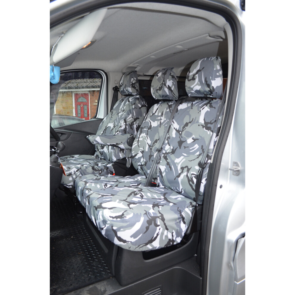 (Front 3 (3 Separate Headrests, Lift Up Seat Bases), Camouflage) Turtle Covers Vauxhall Vivaro 2014-2019 Seat Covers Grey 5057605010977