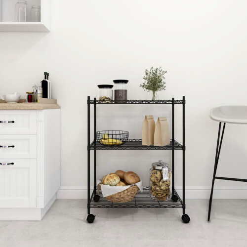 VidaXL vidaXL 3-Tier Storage Shelf Shelving Unit Storage Unit with Wheels Black 150 kg