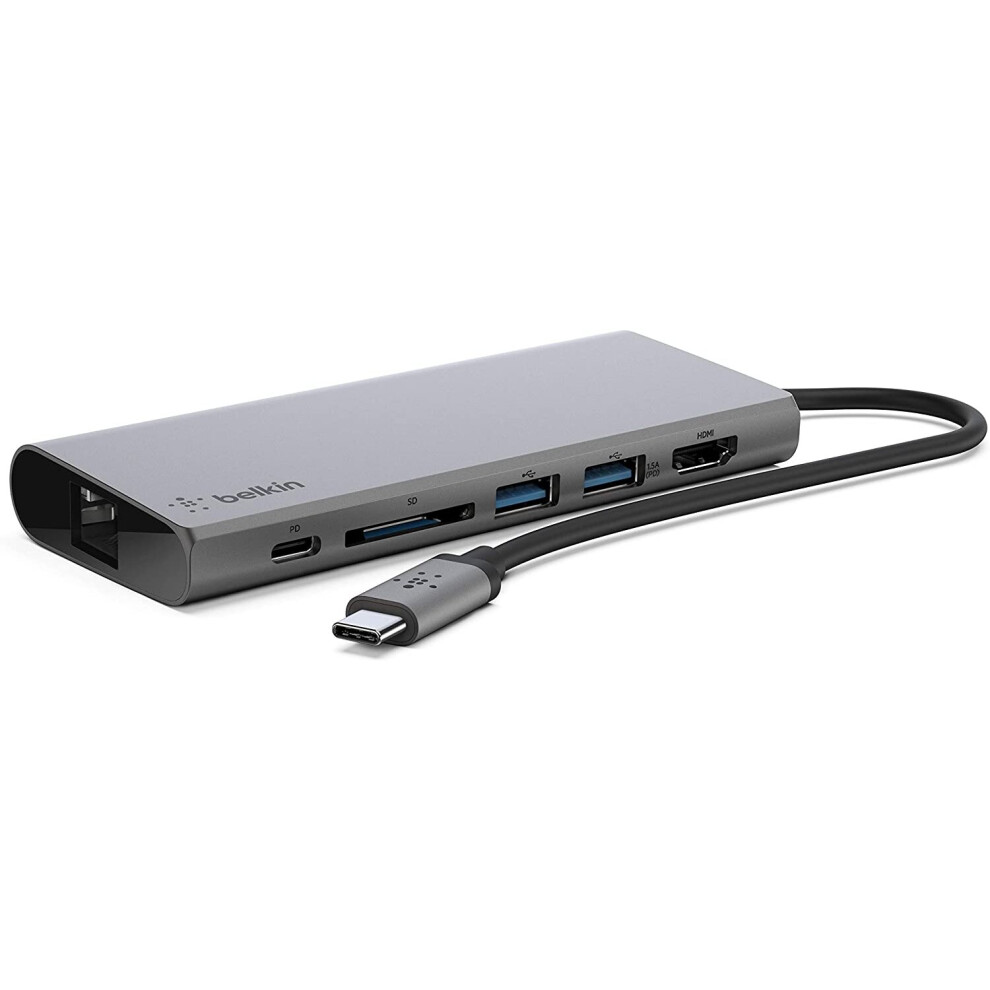 USB-C Multimedia Hub with Tethered USB-C Cable (USB-C Dock for Mac OS and Windows USB-C Laptops, 1 HDMI Port, 1 Gigabit Ethernet Port)