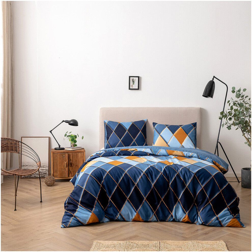 (Blue, King) Golden Lines Argyle Bedding Set,  Geometric Diamond  Duvet Cover Set