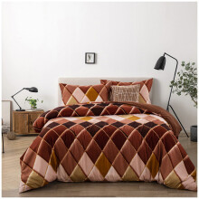 (Coffee, Single) Golden Lines Argyle Bedding Set, Geometric Diamond Duvet Cover Set