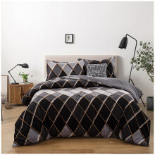 (Grey, Double) Golden Lines Argyle Bedding Set, Geometric Diamond Duvet Cover Set