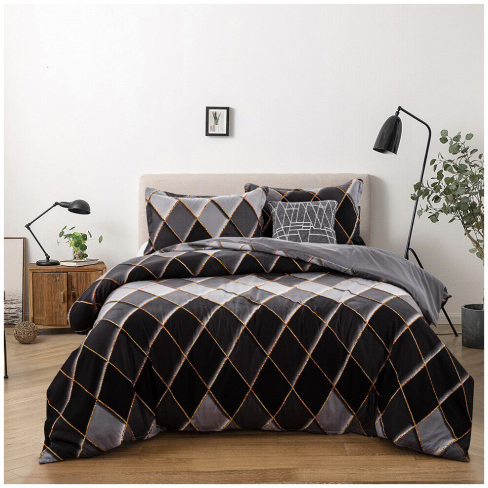 (Grey, Double) Golden Lines Argyle Bedding Set,  Geometric Diamond  Duvet Cover Set