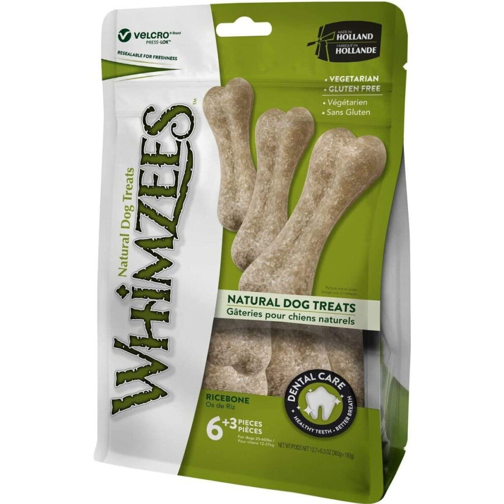 WHIMZEES Natural Dental Dog Chews Long lasting Rice Bone 9 Pieces Bag