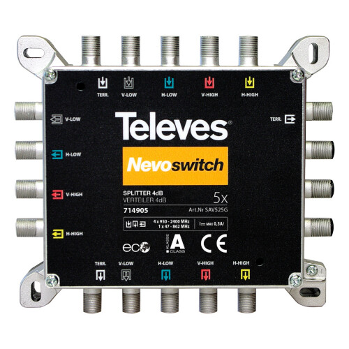 Televes NevoSwitch 5 Inputs Splitter 5x5x5 4/4dB Terrestrial + Satellite 714905 1