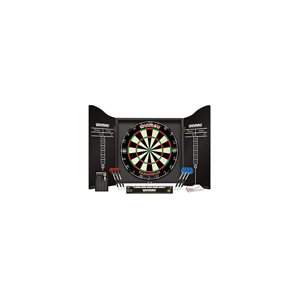 WINMAU Professional Dart Set includes Diamond Plus Bristle Dartboard - Black Cabinet - 2 Sets of Darts - Official Oche Line