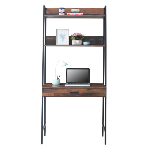 Timber Art Design UK Abbey Rustic Retro Ladder Bookcase Desk Shelving Shelf Unit 3 Tier Drawer 1