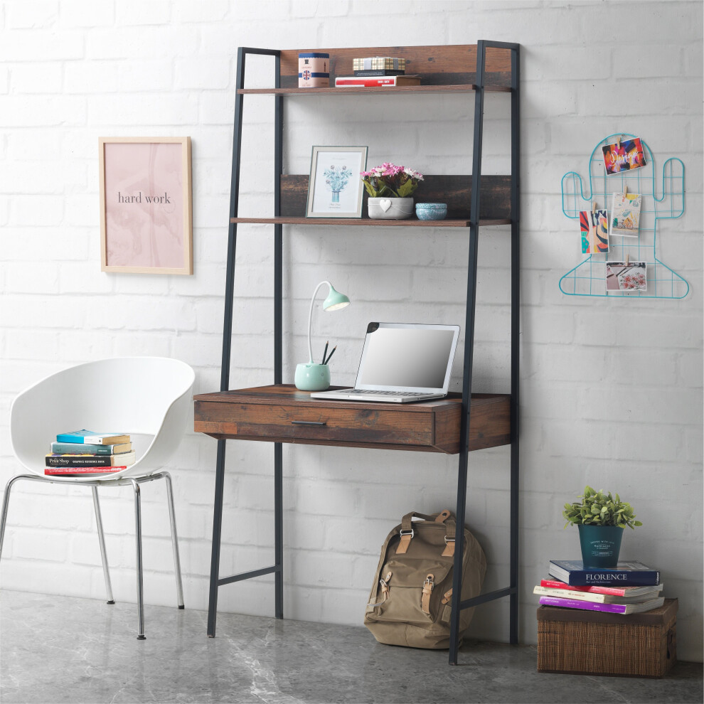 Abbey Rustic Retro Ladder Bookcase Desk Shelving Shelf Unit 3 Tier Drawer