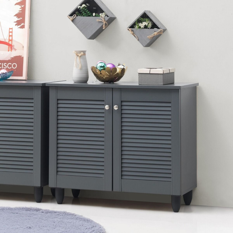 Modern Shoe Storage Cabinet 2 Doors Footwear Stand Rack Unit Cupboard Dark Grey