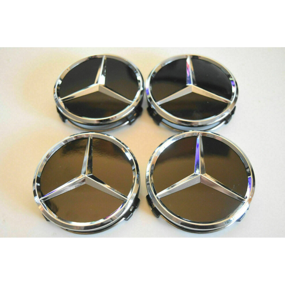 MERCEDES BENZ ALLOY WHEEL CENTRE CENTER CAPS BLACK 75MM (4)