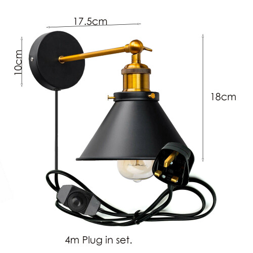 Plug In Wall Lamp+Dimmer Switch Vintage Shade Industrial Sconce 4m Cable UK 1