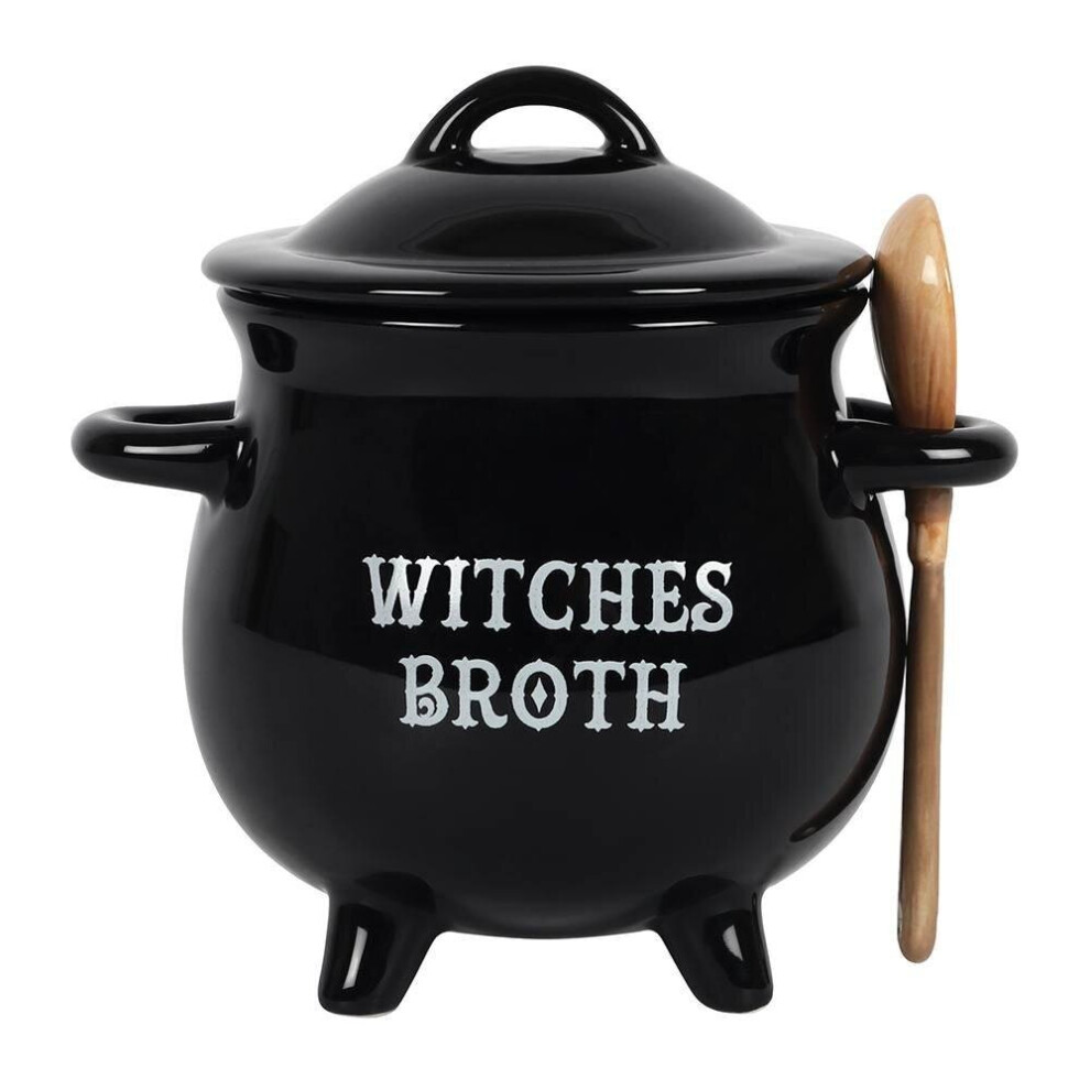 Witches Broth Soup Bowl Black Cauldron Broom Spoon Wicca Pagan 14cm Bone China