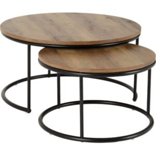 Seconique Quebec Round Coffee Table Set Metal Plastic Feet-Medium Oak Effect/Black