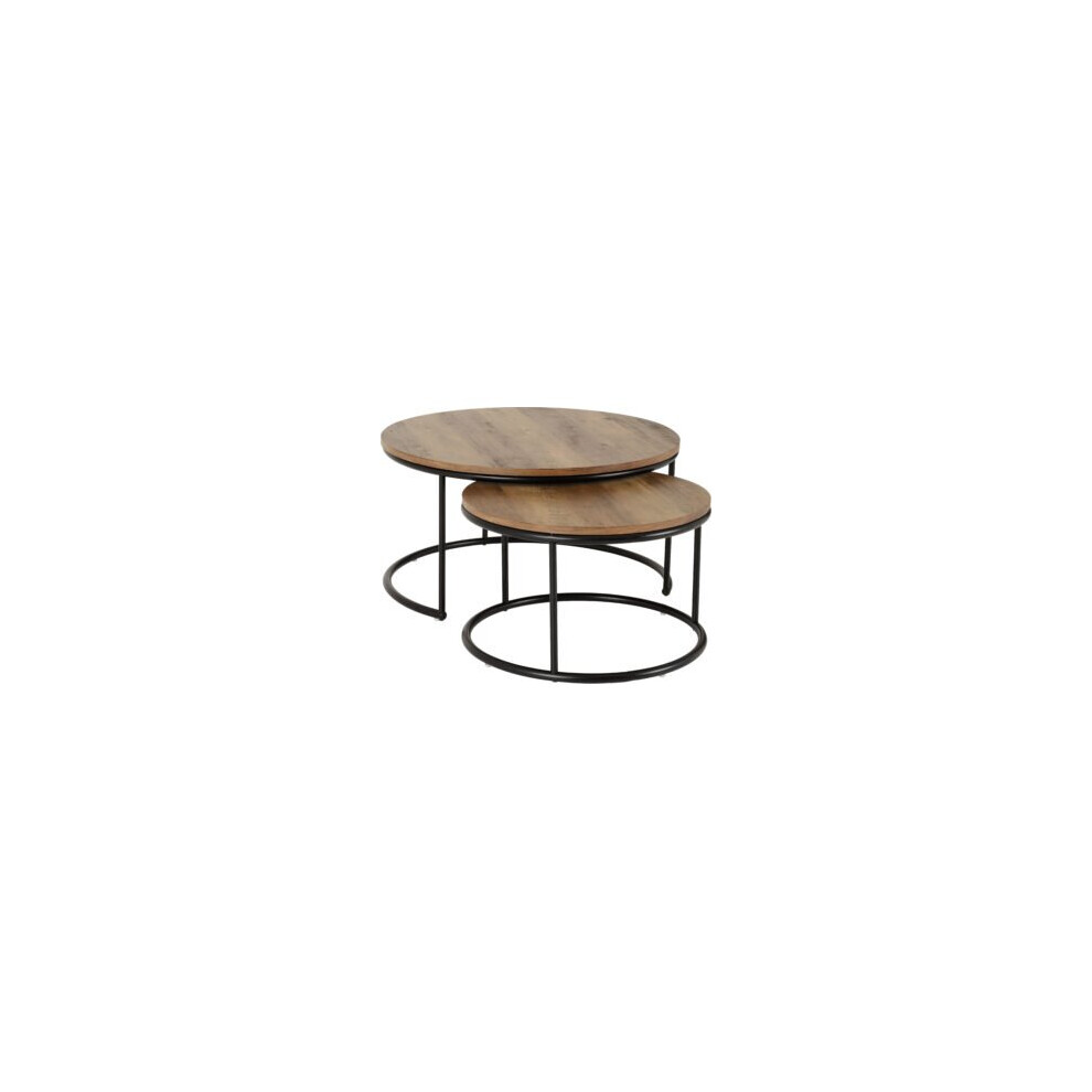 Quebec Round Coffee Table Set Metal Plastic Feet-Medium Oak Effect/Black