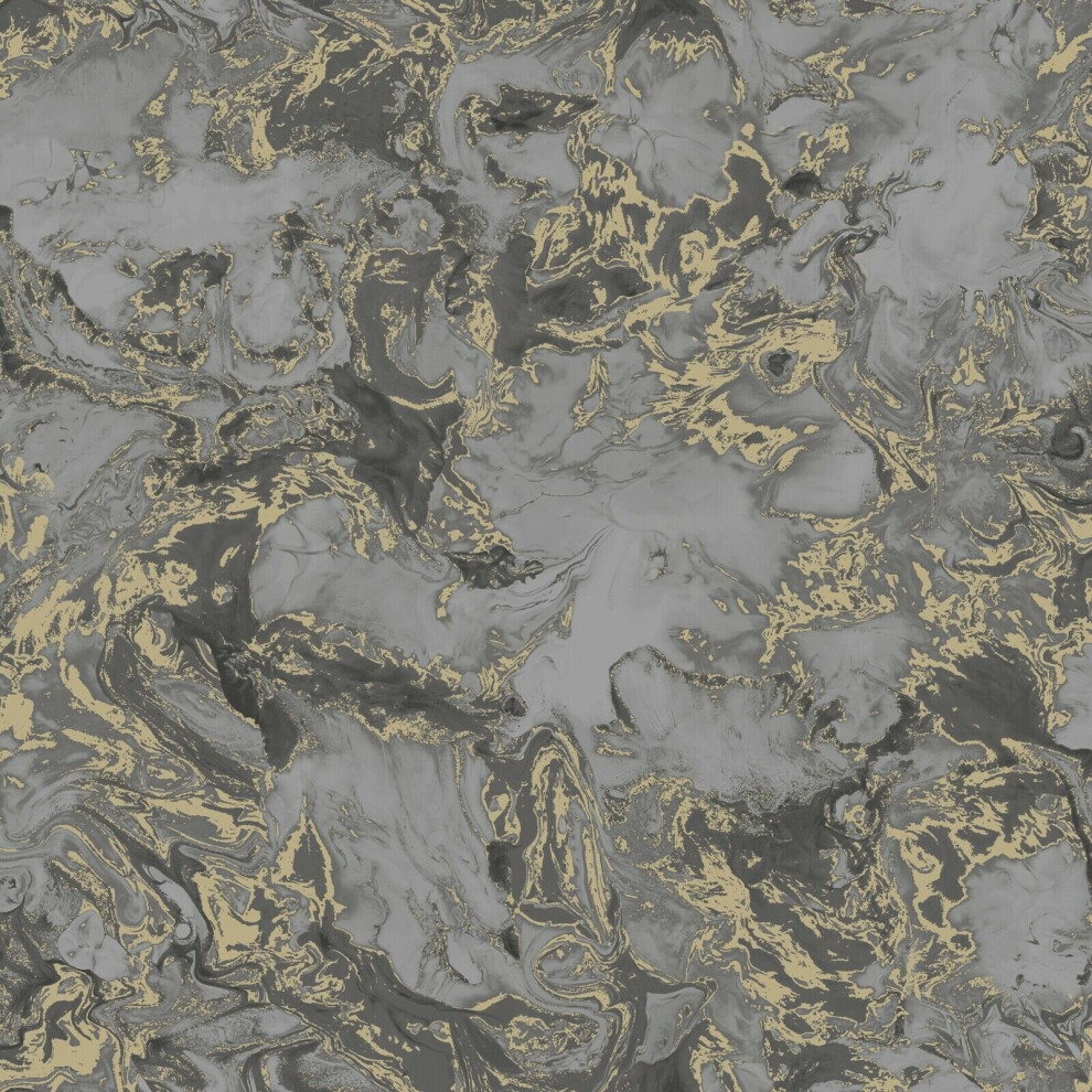 Metallic Ripple Liquid Marble Charcoal Grey Gold Shimmer Wallpaper 5060802620320