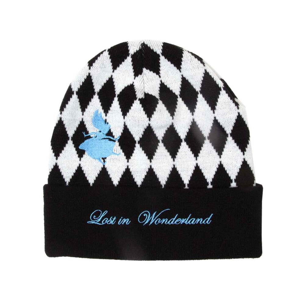 Alice In Wonderland Beanie Hat Checkered Lost Logo new Official Disney  Black