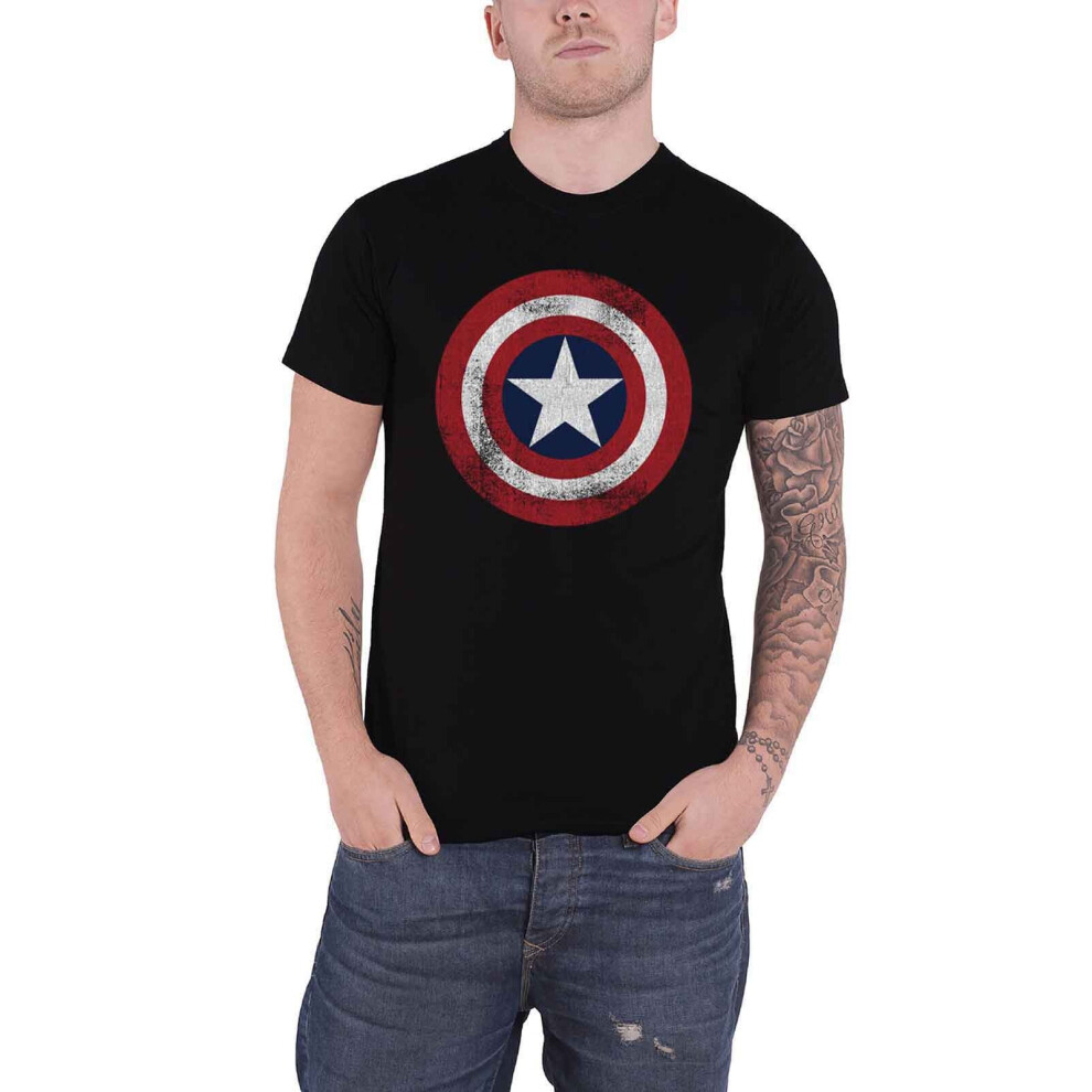 (2XL) Marvel Comics T Shirt Captain America Distressed Shield new Official Mens Black