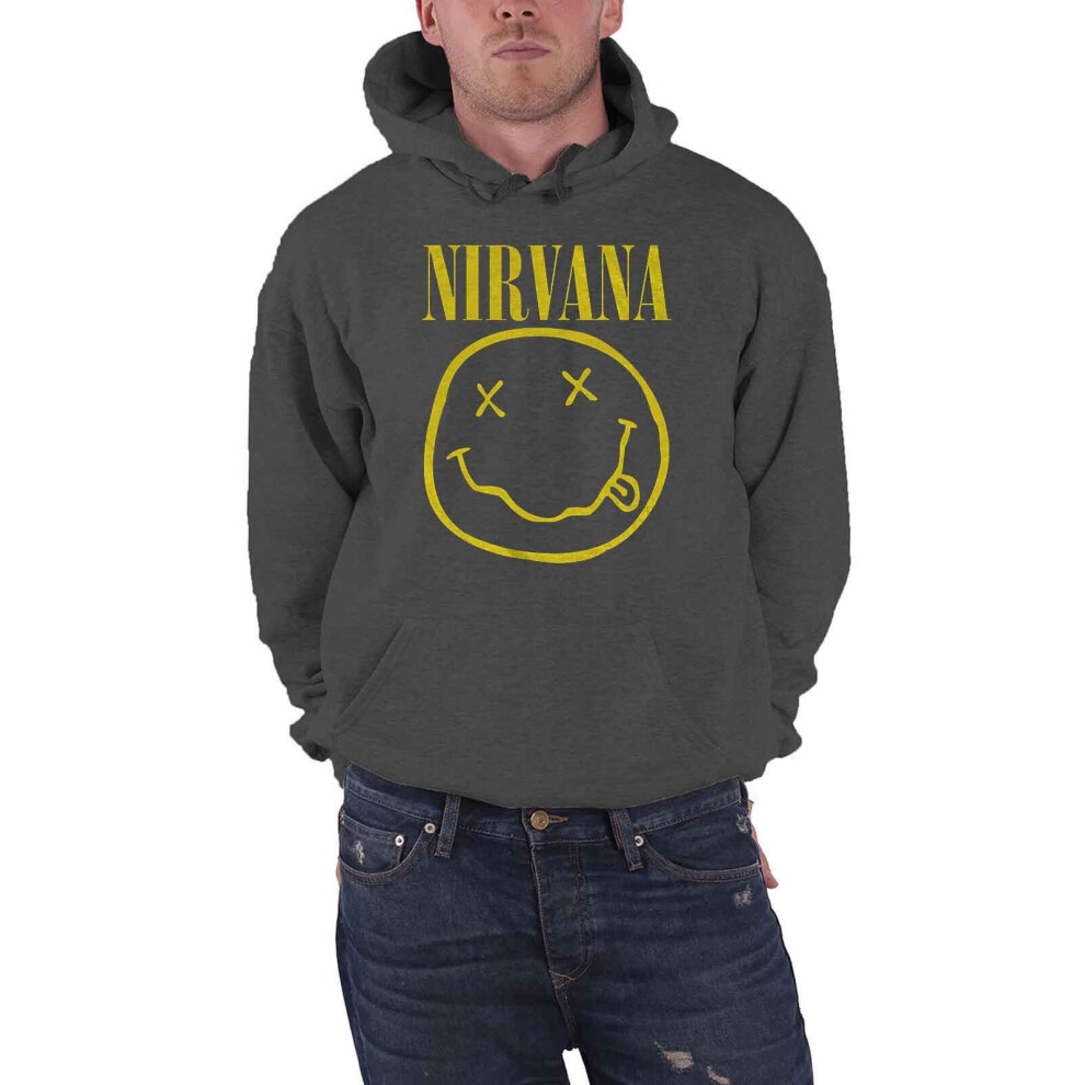 (L) Nirvana Hoodie Yellow Smiley Band Logo new Official Mens Charcoal Grey Pullover