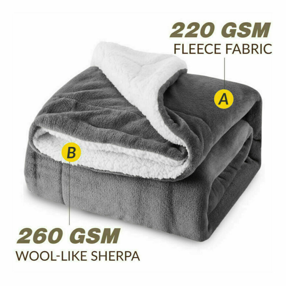 (Grey, Single 130 x 150 CM) Reversible Faux Fur Sherpa Thick Fleece Throw Warm