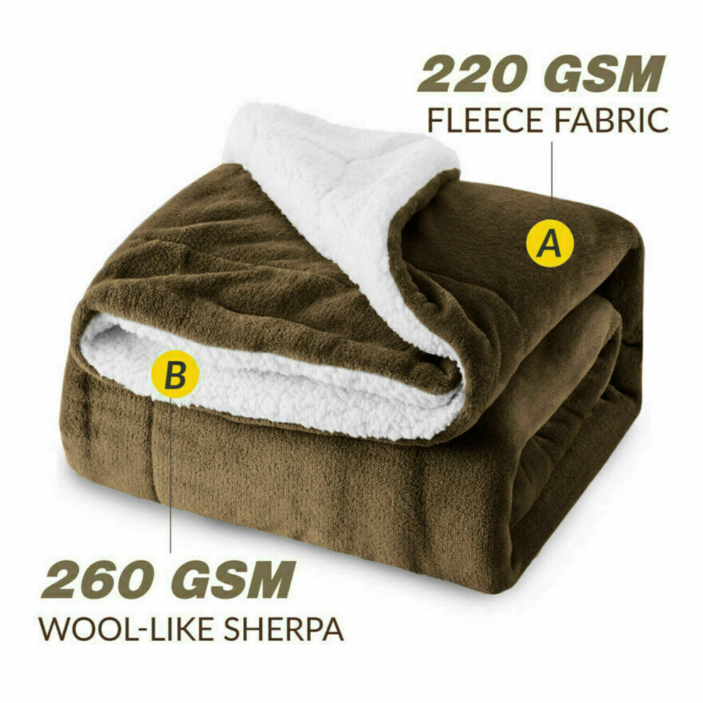 (Coffee, Double 150 x 200 CM) Reversible Faux Fur Sherpa Thick Fleece Throw Warm