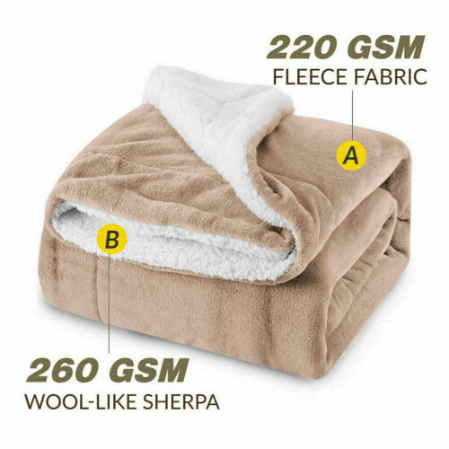 (Camel, King 200 x 240 CM) Reversible Faux Fur Sherpa Thick Fleece Throw Warm