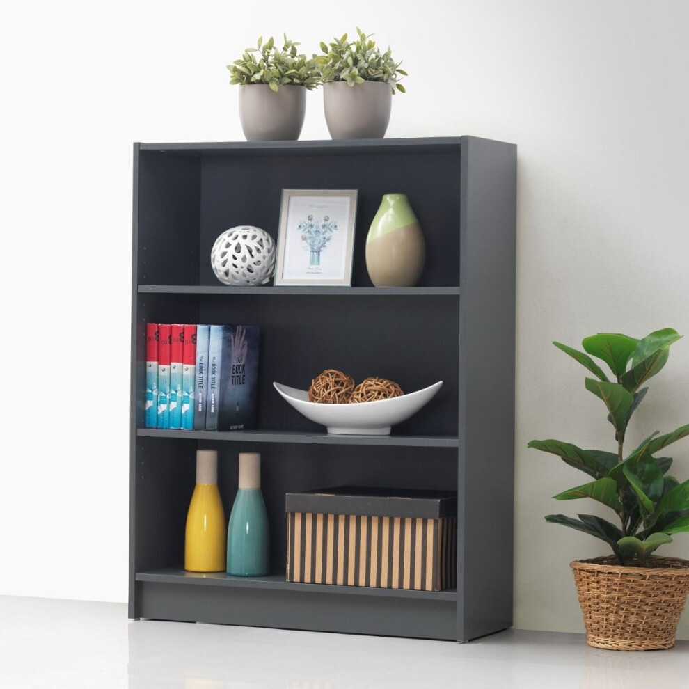 3 Tier Bookcase Wide Display Shelving Storage Unit Wood Furniture Dark Grey