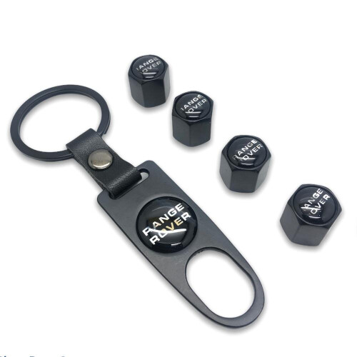 Range Rover Set of 4 Black Car Tyre Air Dust Valve Stem Cap With Keyring Locking Tool