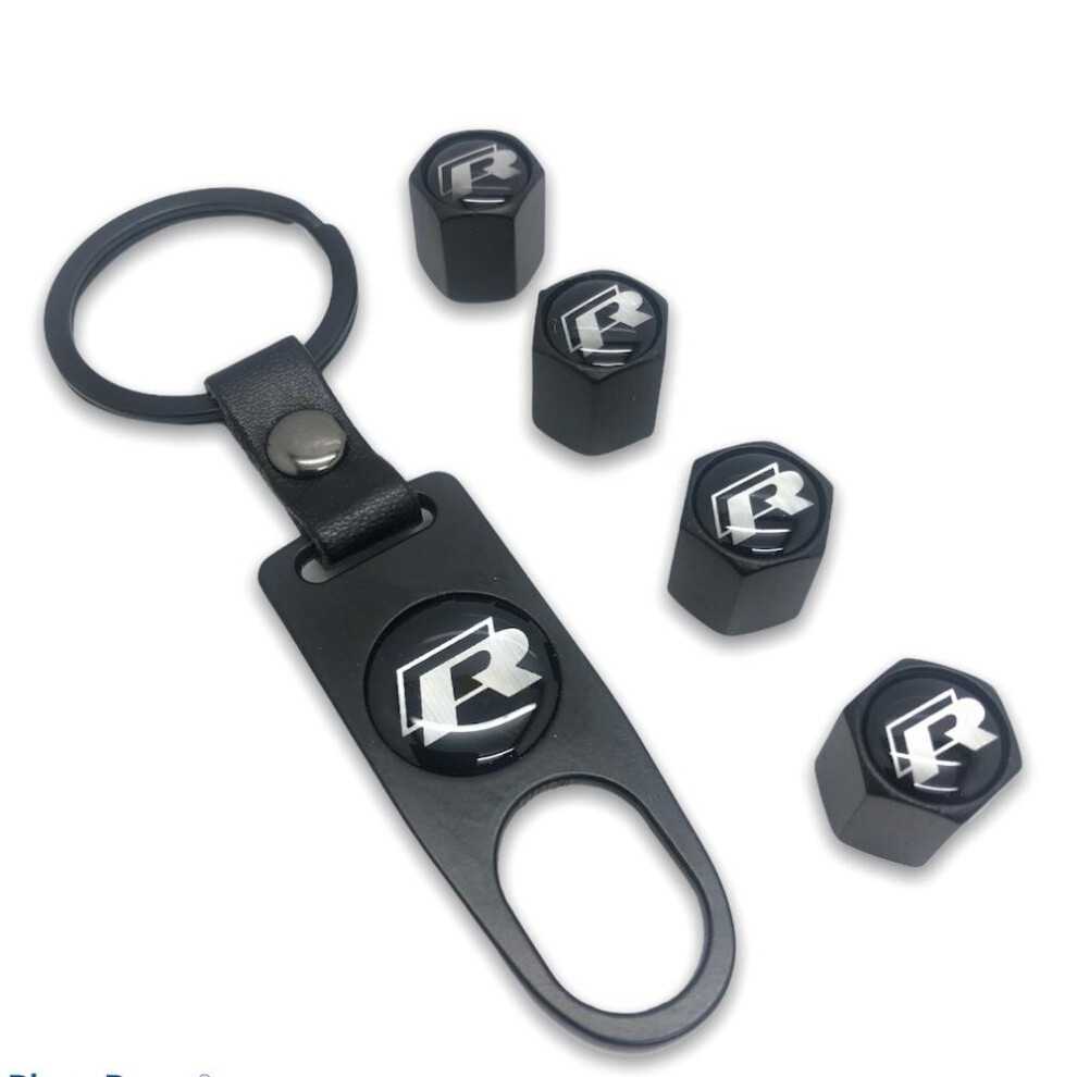 VW R-Line Golf Polo GTI Set of 4 Black Car Tyre Air Dust Valve Stem Cap With Keyring Locking Tool