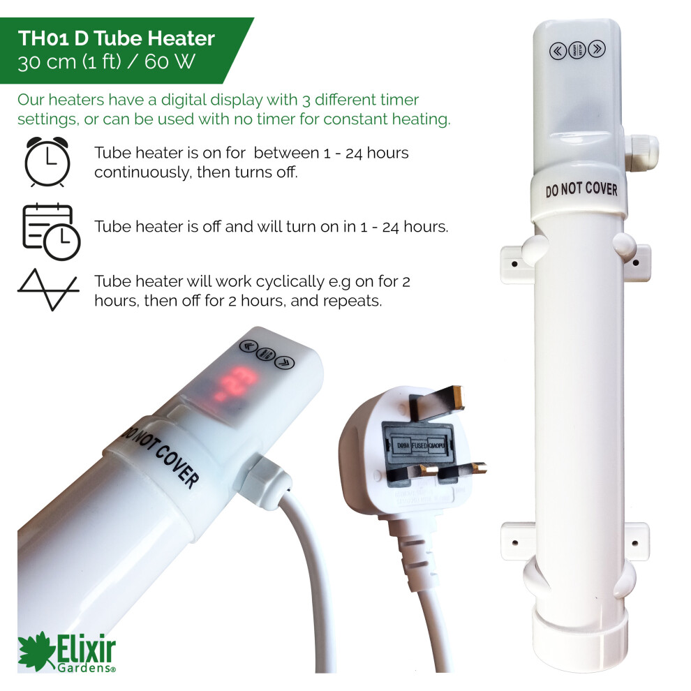 Elixir Garden Supplies (Th01d, 30Cm 60Watt, 1Ft Guard) Low Energy Tube Heaters With Digital Timers | Optional Thermostats & Guards
