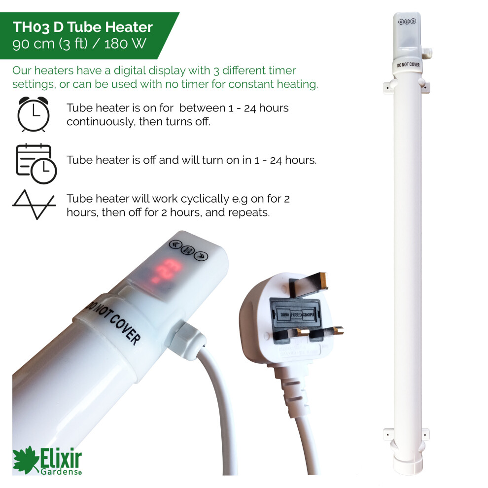 Elixir Garden Supplies (Th03d, 90Cm 180Watt, 3Ft Guard) Low Energy Tube Heaters With Digital Timers | Optional Thermostats & Guards