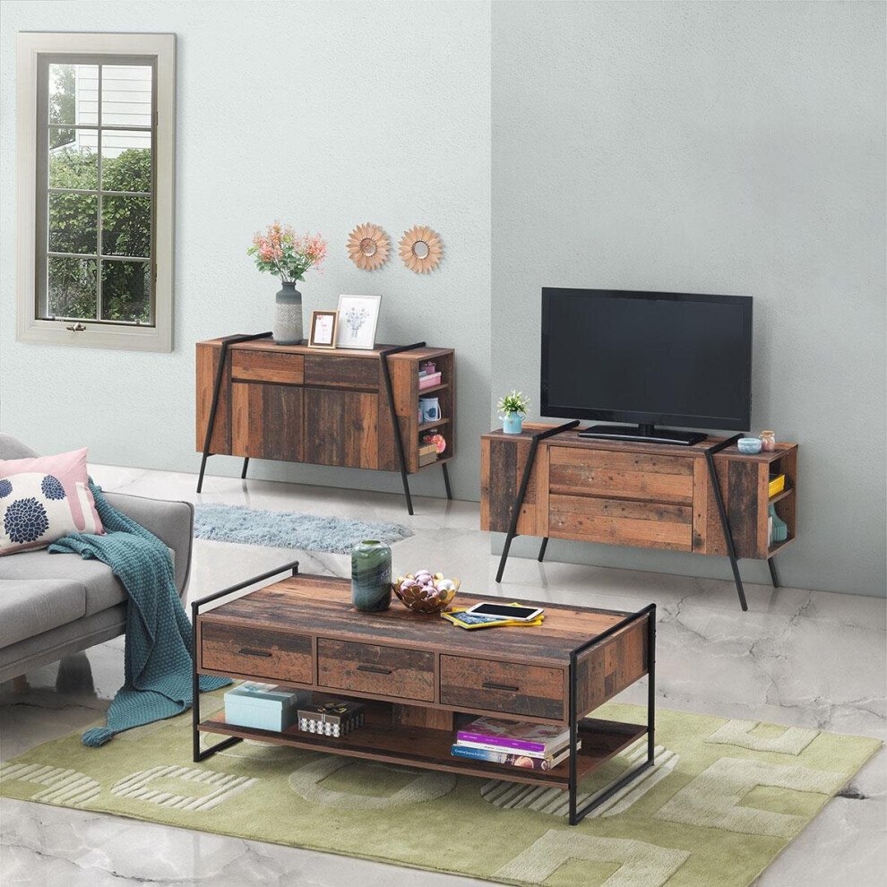 Abbey Rustic Industrial 3 Piece Living Room Set Coffee Table Sideboard TV Unit