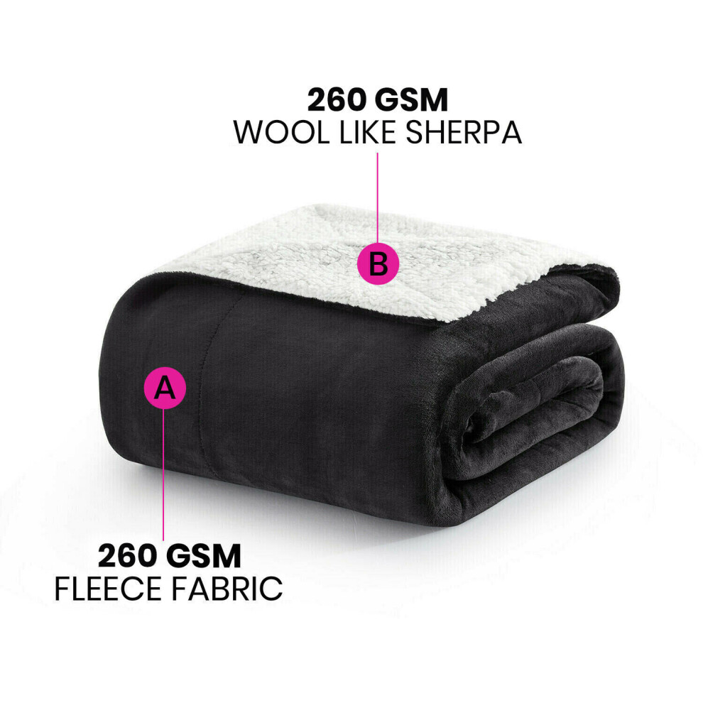 (Black, 130x150 cm) Sherpa Fleece Throw Blanket Reversible Soft Warm